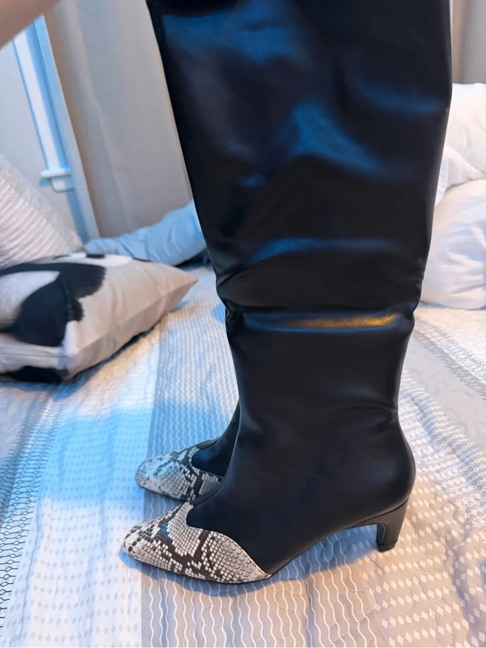 Black Knee-High Boots with Snake-Print Toe
